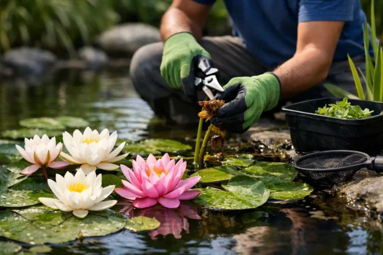 Waterlelies verzorgen in de vijver